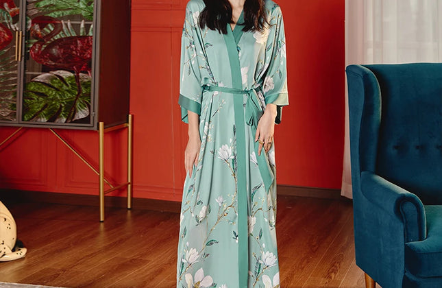 Long Satin Robe Women Long Sleeve Printed Robe Dress Luxury Women Designer Robes
