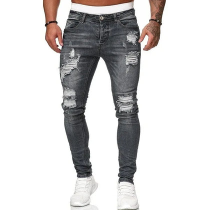 Ripped Jeans Men Skinny Slim Fit Blue Hip Hop Denim Trouser