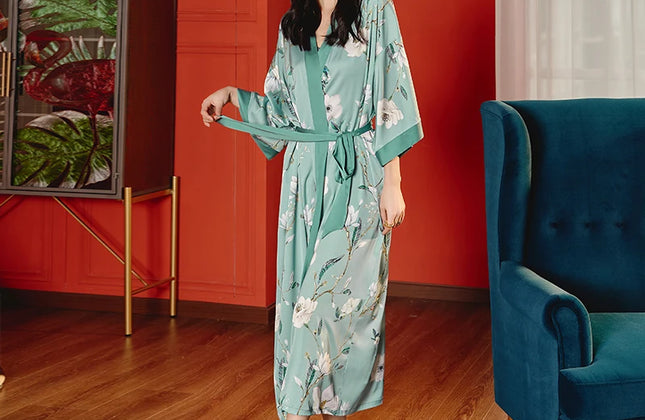 Long Satin Robe Women Long Sleeve Printed Robe Dress Luxury Women Designer Robes
