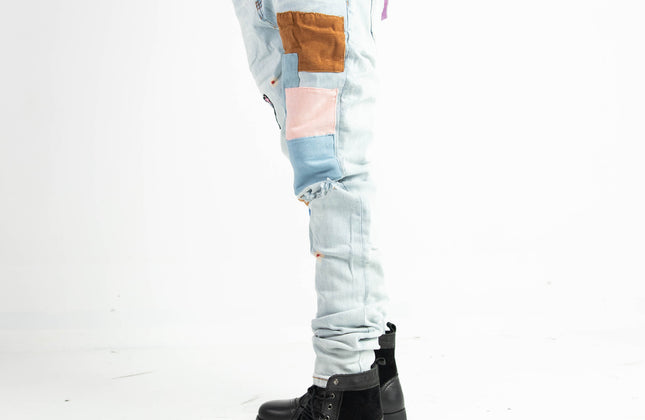 High Quality Street Jean Light Blue Begger Patch Ripped Mens Slim Fit Causal men