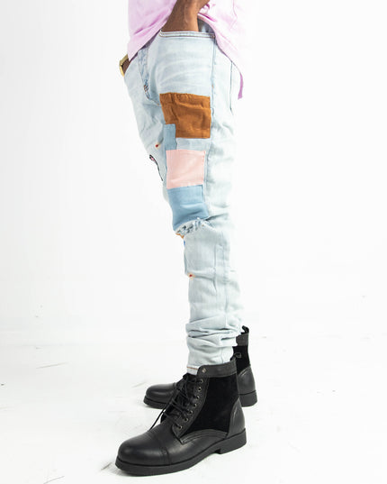 High Quality Street Jean Light Blue Begger Patch Ripped Mens Slim Fit Causal men