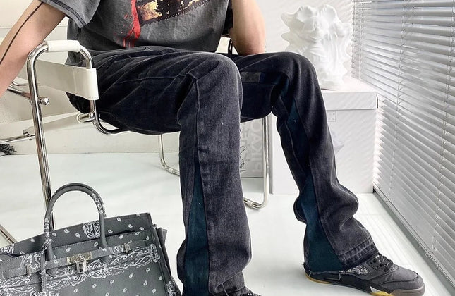 Vintage Flared Jeans for Men Y2k Streetwear Frayed Jean Pants Baggy Hip Hop