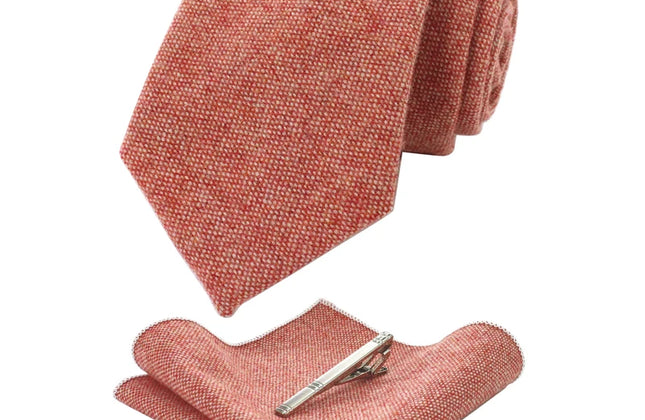 KAMBERFT Solid Color Cashmere Wool Necktie and Pocket Square Tie Clip Sets