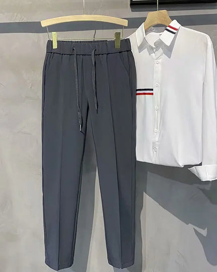 Khaki Drawstring Elastic Waist Men's Suit Pants Business Casual Fashion Drape