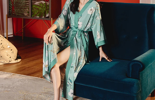 Long Satin Robe Women Long Sleeve Printed Robe Dress Luxury Women Designer Robes