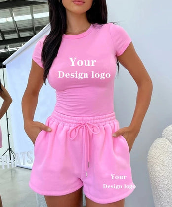 2025 Manufacturer Women Biker Shorts Set Sportswear Custom Short Sleeve Ribbed
