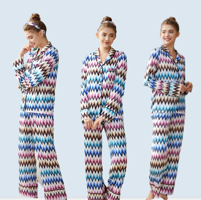 Designer Custom Color Printed Long Sleeve Silk  Pajamas Women Sleep Wear Pajamas