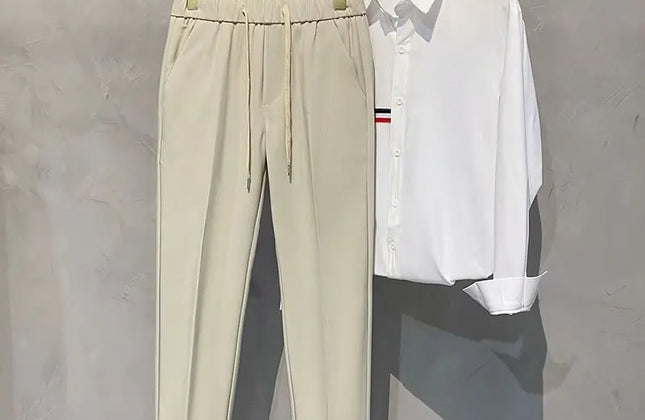 Khaki Drawstring Elastic Waist Men's Suit Pants Business Casual Fashion Drape