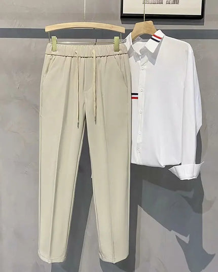 Khaki Drawstring Elastic Waist Men's Suit Pants Business Casual Fashion Drape