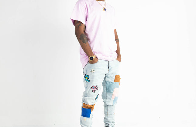 High Quality Street Jean Light Blue Begger Patch Ripped Mens Slim Fit Causal men