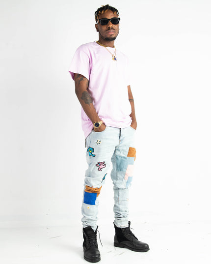 High Quality Street Jean Light Blue Begger Patch Ripped Mens Slim Fit Causal men