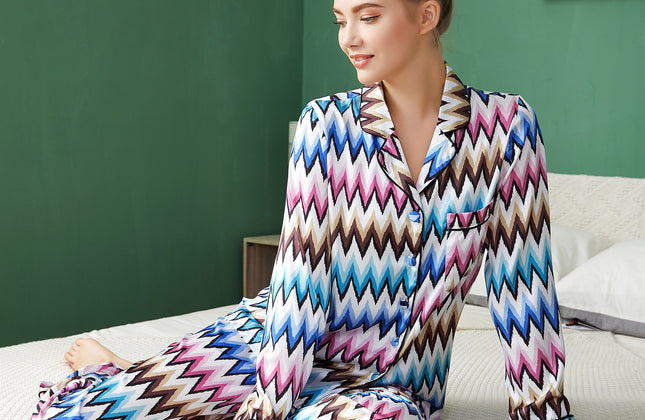 Designer Custom Color Printed Long Sleeve Silk  Pajamas Women Sleep Wear Pajamas