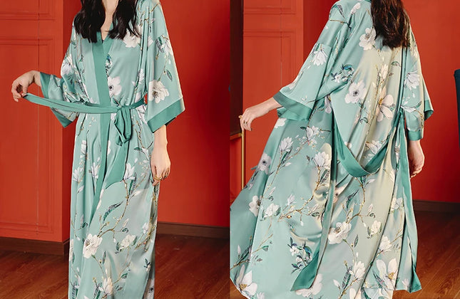 Long Satin Robe Women Long Sleeve Printed Robe Dress Luxury Women Designer Robes