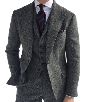Gray Wool Tweed Winter Custom Men Suits Italian for Wedding Formal Groom
