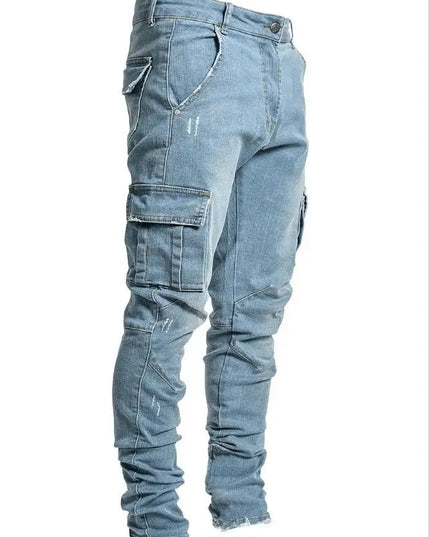 Custom Mens Vintage Style Slim Fit Stacked Jean Distressed Side Pocket Denim