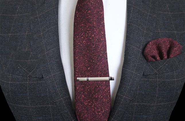 KAMBERFT Solid Color Cashmere Wool Necktie and Pocket Square Tie Clip Sets