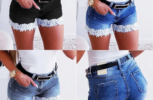 Women Slim Denim Shorts Stretch Lace Stitching Jeans Shorts Ladies