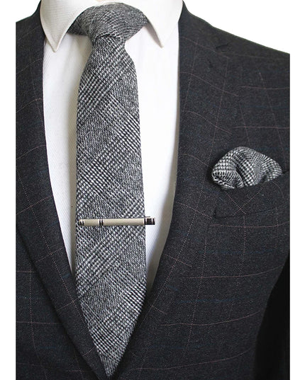 KAMBERFT Solid Color Cashmere Wool Necktie and Pocket Square Tie Clip Sets