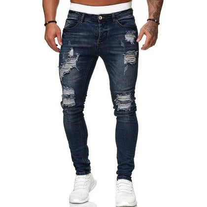 Ripped Jeans Men Skinny Slim Fit Blue Hip Hop Denim Trouser