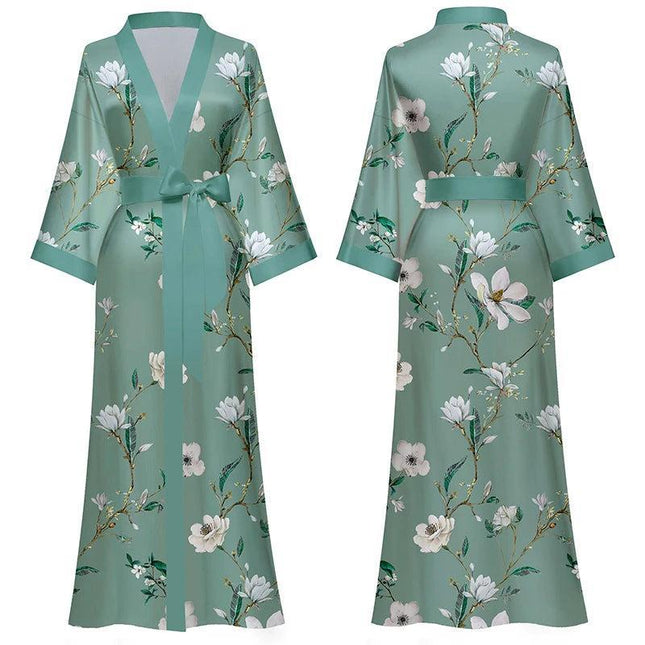 Long Satin Robe Women Long Sleeve Printed Robe Dress Luxury Women Designer Robes