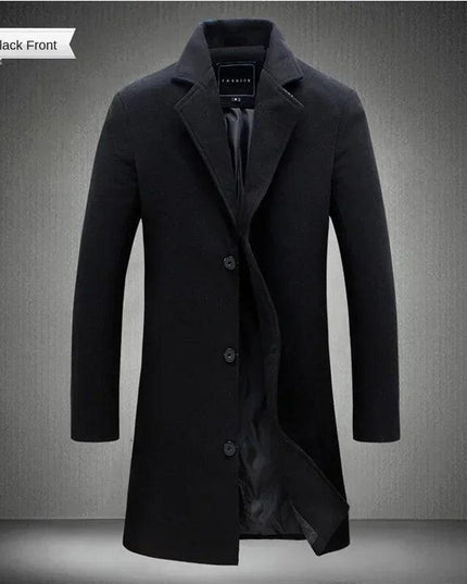 Men Long Cotton Coat 2025 Autumn Winter Wool Blend Pure Color Business Casual