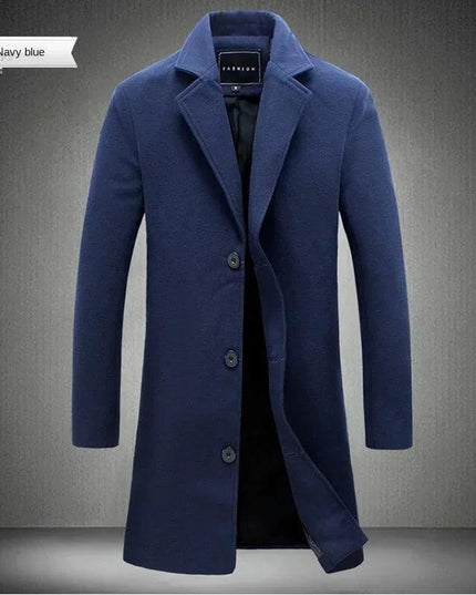 Men Long Cotton Coat 2025 Autumn Winter Wool Blend Pure Color Business Casual