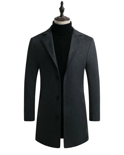 Men Long Cotton Coat 2025 Autumn Winter Wool Blend Pure Color Business Casual