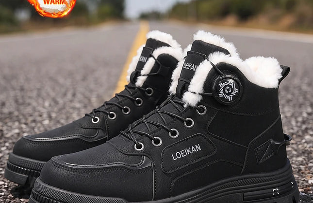 Men's Fleece-Lined PU Snow Boots with Rotary Buckle