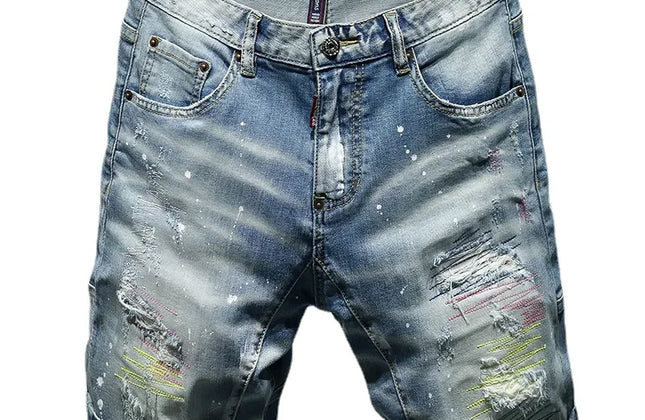 Men Summer Blue Shorts Jeans Holes Denim Shorts Paint Casual Streetwear Jeasn