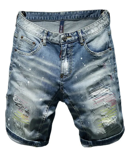 Men Summer Blue Shorts Jeans Holes Denim Shorts Paint Casual Streetwear Jeasn