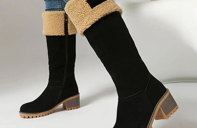 Women's Faux-Sherpa Knee-High Boots with Block Heel
