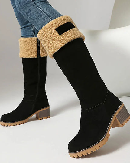 Women's Faux-Sherpa Knee-High Boots with Block Heel