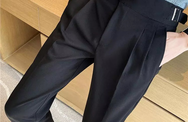 British Style Men High Waist Casual Dress Pant Men Belt Design Slim Trousers