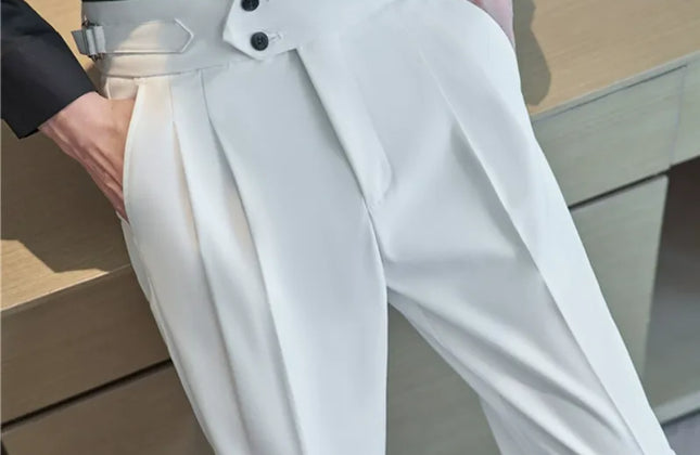 British Style Men High Waist Casual Dress Pant Men Belt Design Slim Trousers