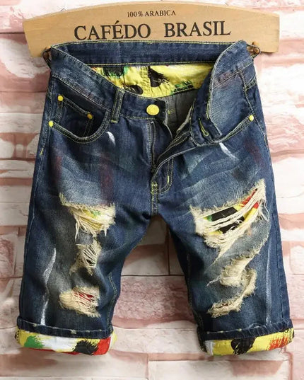 Men Holes Denim Shorts Novelty Style Jean Shorts Men Knee Length Short Jeans