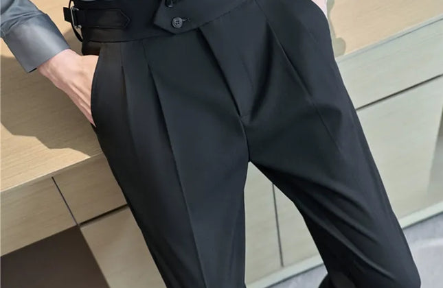 British Style Men High Waist Casual Dress Pant Men Belt Design Slim Trousers