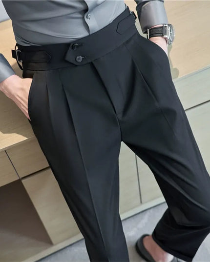 British Style Men High Waist Casual Dress Pant Men Belt Design Slim Trousers