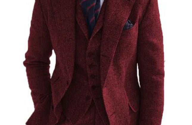 Gray Wool Tweed Winter Men Suit's for Wedding Formal Groom Tuxedo Herringbone