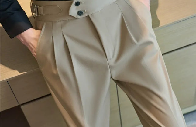 British Style Men High Waist Casual Dress Pant Men Belt Design Slim Trousers