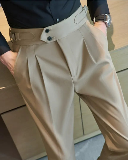 British Style Men High Waist Casual Dress Pant Men Belt Design Slim Trousers