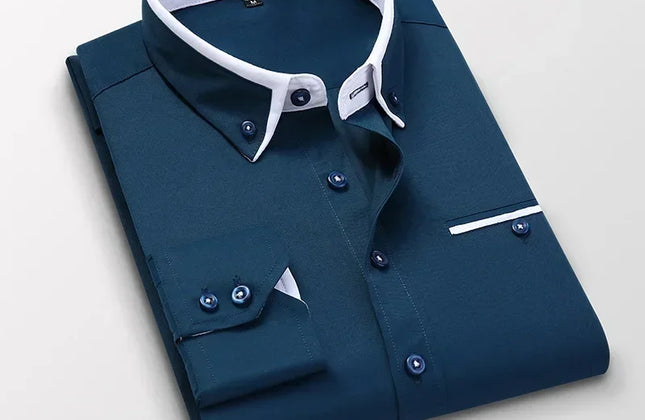 Quality Men Shirt Long Sleeve Twill Solid Striped Dress Business Office