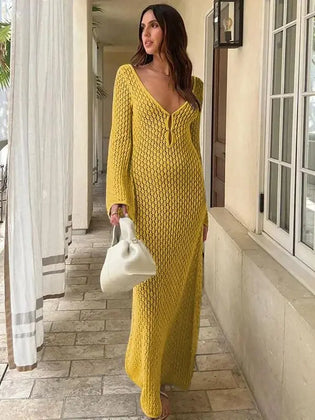 Sexy Cover Up Long Sleeve Long Dress Women Backless Beach Wear Bathing