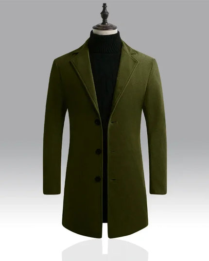 Men Long Cotton Coat 2025 Autumn Winter Wool Blend Pure Color Business Casual
