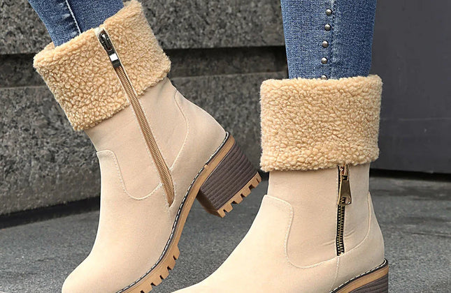 Women's Faux-Sherpa Knee-High Boots with Block Heel