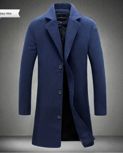 Men Long Cotton Coat 2025 Autumn Winter Wool Blend Pure Color Business Casual