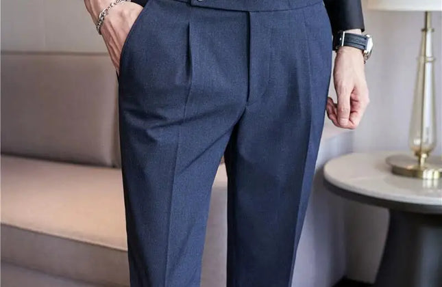 British Style Men High Waist Casual Dress Pant Men Belt Design Slim Trousers