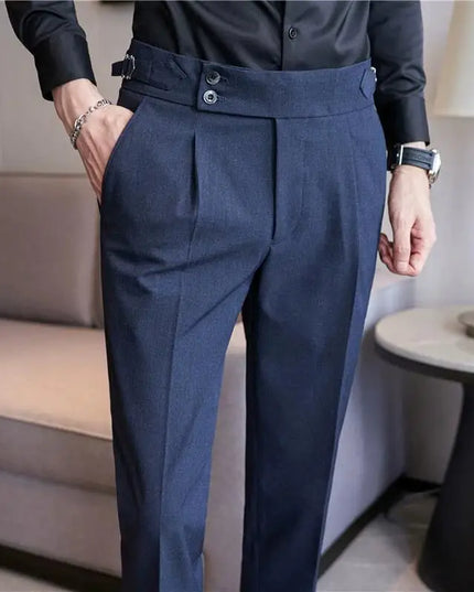 British Style Men High Waist Casual Dress Pant Men Belt Design Slim Trousers