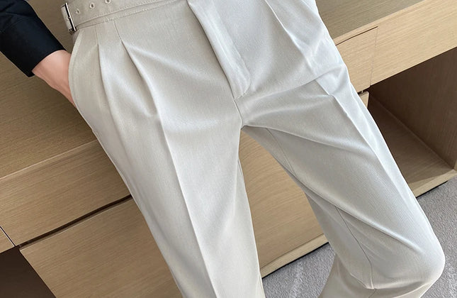 British Style Men High Waist Casual Dress Pant Men Belt Design Slim Trousers