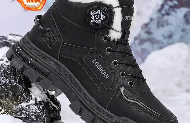 Men's Fleece-Lined PU Snow Boots with Rotary Buckle