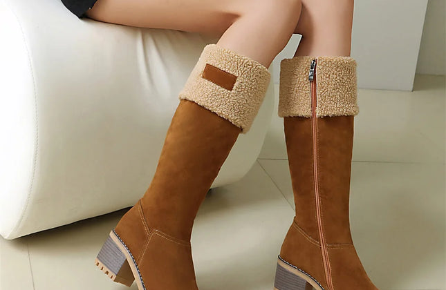 Women's Faux-Sherpa Knee-High Boots with Block Heel